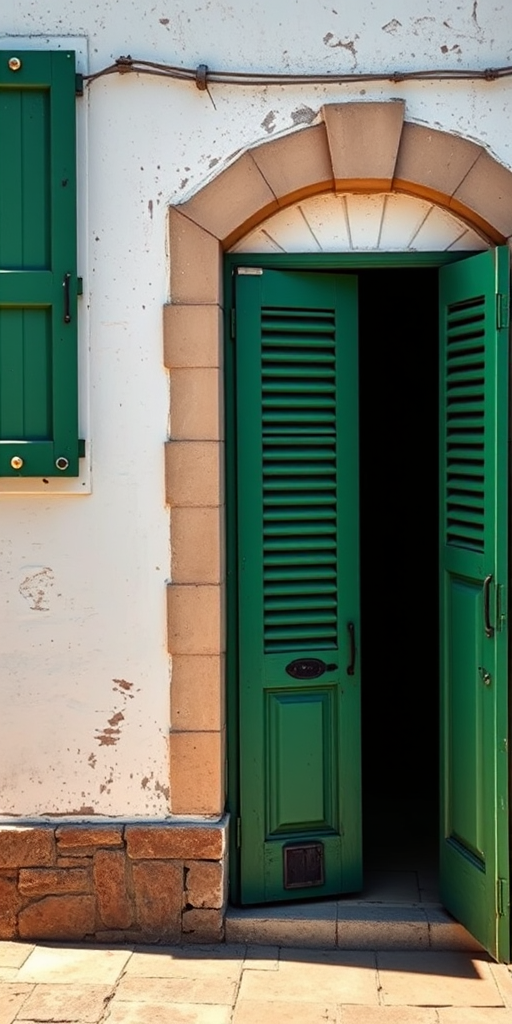 Regenerate an image of an old bar entrance with green shutters on a weathered white wall, captured with a Canon EOS R, 35mm lens, f/4 aperture, ISO 200, in natural light, with a slightly tilted angle to enhance perspective and depth.