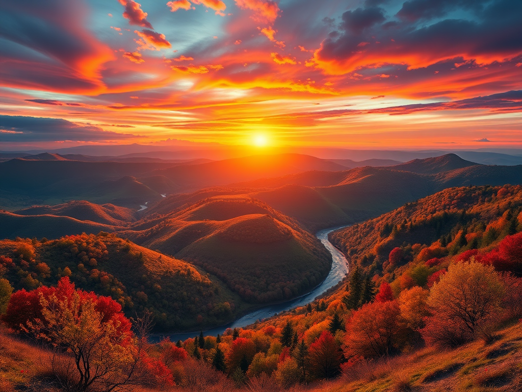 Generate a detailed graphic of a fantastical landscape featuring a vibrant sunset over rolling hills with a winding river and colorful trees, shot with a DSLR camera at f/2.8 aperture, ISO 100, 24mm focal length, in landscape orientation.