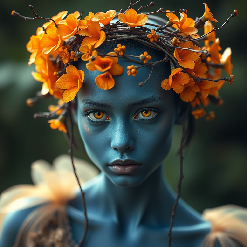 Create an ethereal portrait of a humanoid figure with blue skin and striking yellow eyes, adorned with a crown of orange flowers and intertwined branches, using a Canon EOS R5 camera, 85mm lens, f/1.4 aperture, ISO 100, shot in soft natural light for enhanced details and depth, with a shallow depth of field to blur the background.