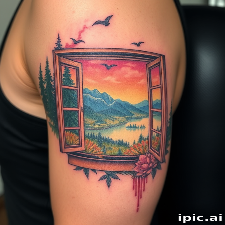 Photorealistic color tattoo titled "Nature's Canvas" depicting a lifelike landscape scene with meticulous attention to detail in natural colors creating the illusion of a window on the skin
