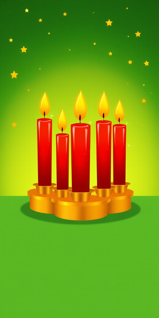 Create a digital illustration of four red candles on golden holders, with flames glowing brightly, set against a gradient green background dotted with yellow stars, using a DSLR camera with a 50mm lens, aperture f/1.8, ISO 200, and a soft focus effect to enhance the image quality.