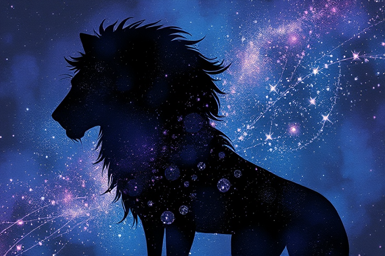 Captivating conceptual render alcohol ink art, double exposure, the paint strokes artfully merge combining a woman's full silhouette with a Loping coyote's silhouette. The figures are composed of a series of colored dots, lines & spots that evoke the image of a cosmic galaxy, colors are deep shades of blue purple & black with flashes of white & silver representing distant stars. The woman's silhouette is formed within the lion's silhouette from constellations of scattered stars, surreal