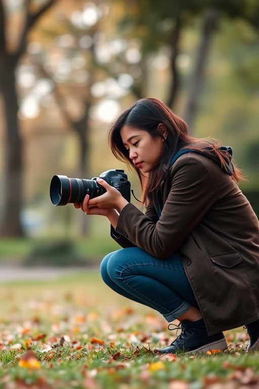 Capture a woman crouched while photographing in a park, using a Canon EOS R5 with a 50mm lens, f/2.8 aperture, 1/500 sec shutter speed, ISO 100, natural lighting, shallow depth of field, focused on the subject with soft background blur.