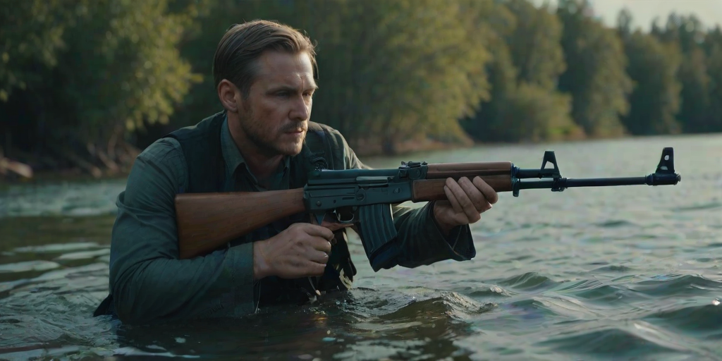 cinematic film still of a man holding a AK-47 gun in the water, shallow depth of field, vignette, highly detailed, high budget, bokeh, cinemascope, moody, epic, gorgeous, film grain, grainy