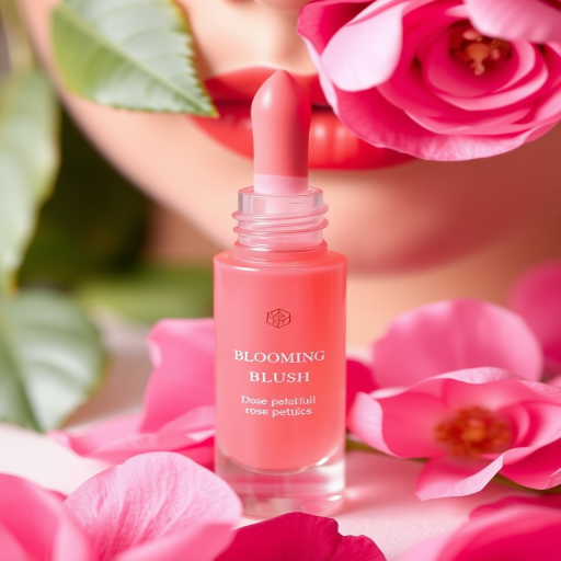 Sheer rose petal pink lip oil infused with botanical extracts, dubbed "Blooming Blush," providing nourishing properties and a subtle tint, perfect for achieving a natural, healthy glow