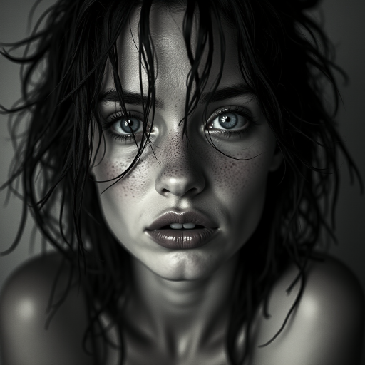 a striking portrait in the style of black-and-white photography, dramatic high-contrast lighting eloquently tracing the intricate details of hand-drawn pen strokes, a beautiful Nordic woman tousled hair and shining, focus on blue eyes and red lips, radiating with intensity portrait that highlights her dark , wet, . The monochromatic statement features her pale skin colored by tiny beads of sweat and water droplets, showcasing a hyper-detailed composition that focuses entirely on her unforgettable face. The stylized composition basks in atmosphere and mystery, created by the powerful, piercing gaze of the water-driven Nordic woman as she commands an intense and mesmerizing aura within the limited frame. Composed to evoke a sense of nostalgic wonder, this portrait perfectly captures the essence of a bygone era.