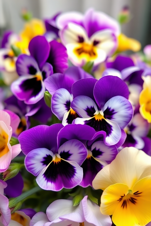 Create a vibrant floral arrangement of pansies in shades of purple, white, and yellow, captured with a 50mm lens at f/2.8, ISO 100, with a shallow depth of field to enhance the softness of the background, using a DSLR camera in natural light.