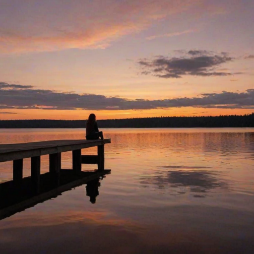 Quiet lakeside pier, the water reflecting the orange hues of the sunset, a woman sits at the end of the dock, her legs dangling over the side as she watches the sky change colors.