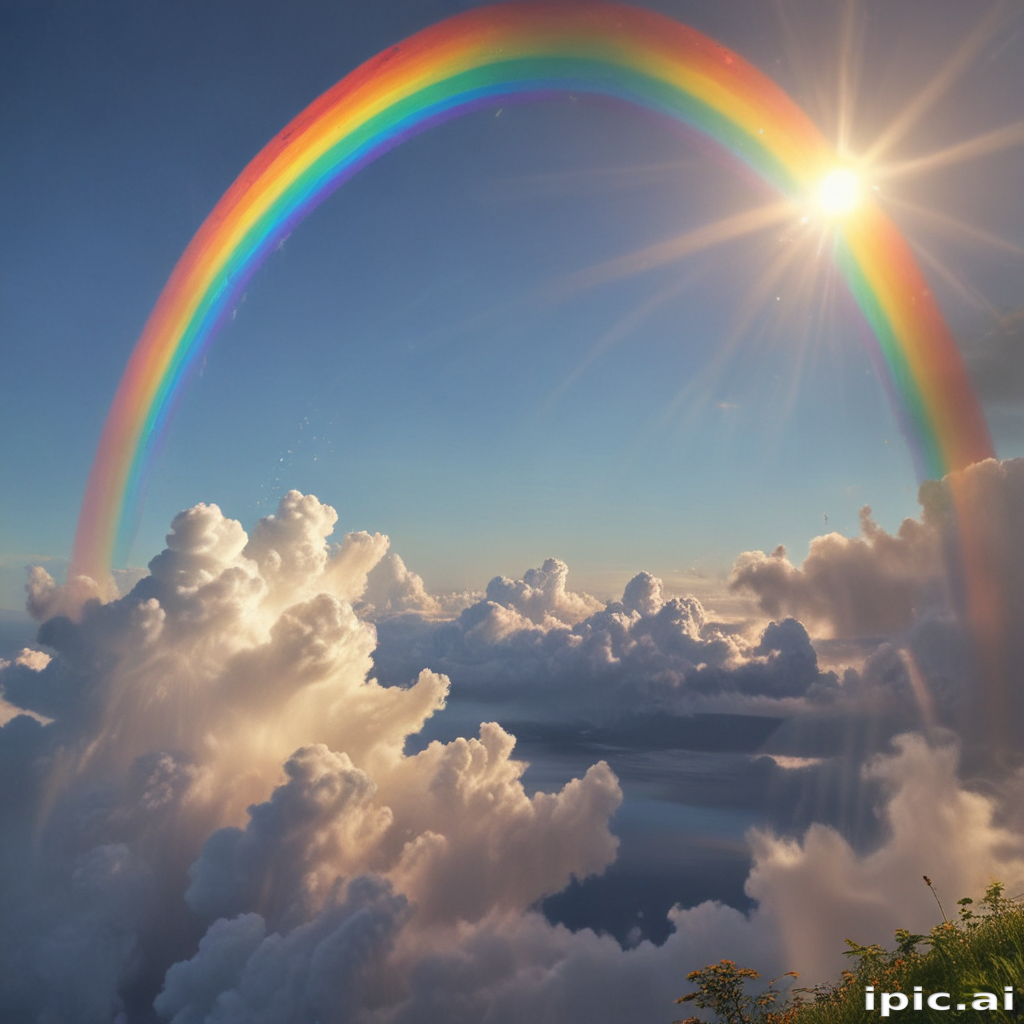 Vibrant Rainbow Arching Over Majestic Clouds Under a Bright Sun