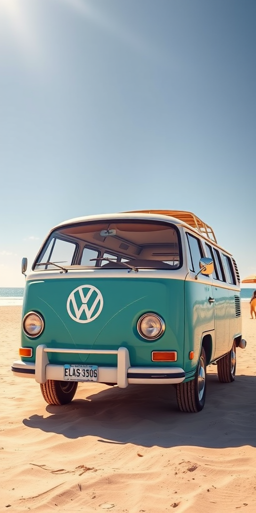 Create an image of a classic Volkswagen bus in a vibrant beach setting, captured with a Canon EOS R6, 24mm lens, f/8 aperture, ISO 100, natural light, wide-angle perspective, emphasizing the bus's retro design against a sunny backdrop.