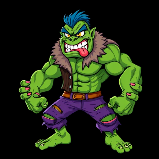 Create a vibrant cartoon character design of a muscular green monster with a determined expression, wearing a fur-lined vest and torn purple pants, in a dynamic pose, using a Canon EOS R5 with a 50mm lens at f/1.8, ISO 100, 1/200s, in a bright and colorful style against a plain black background.