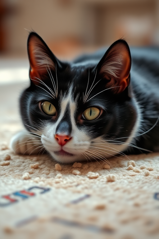 A close-up shot of a black and white cat lying on a textured carpet, soft natural lighting, f/2.8 aperture, 85mm lens, shallow depth of field, DSLR camera, capturing fine details and vibrant colors.