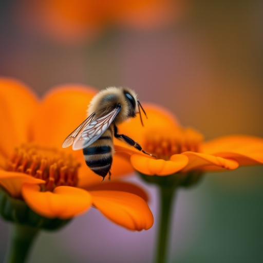 capture a close-up of a bee on an orange flower with soft focus background, use a macro lens at f/2.8 aperture, ISO 100, shutter speed 1/200s, natural light, DSLR camera