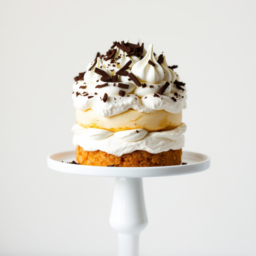 A tall layered dessert featuring meringue and whipped cream topped with chocolate shavings on a white pedestal cake stand against a light background.