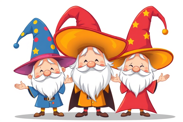 Create a vibrant illustration of three joyful cartoon wizards with oversized hats, each displaying unique expressions, captured with a Canon EOS R5 at f/8 aperture, 24mm focal length, and ISO 100, using a soft focus style to enhance the whimsical quality of the scene.