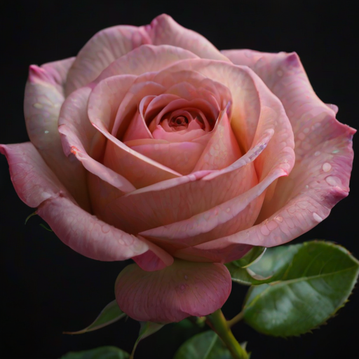 generate an image of a blooming pink rose surrounded by green rose buds with a dark blurred background