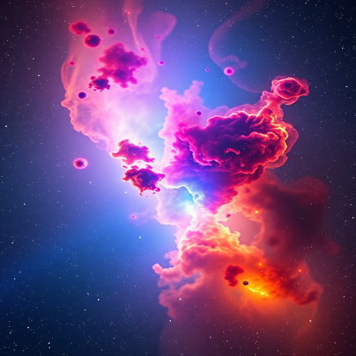 Generate a high-resolution image of a colorful cosmic nebula with vibrant blues, pinks, and yellows, using a DSLR camera with a 24mm lens at f/2.8, ISO 800, shutter speed 1/60 seconds, taken from a wide-angle perspective to capture the vastness of space.