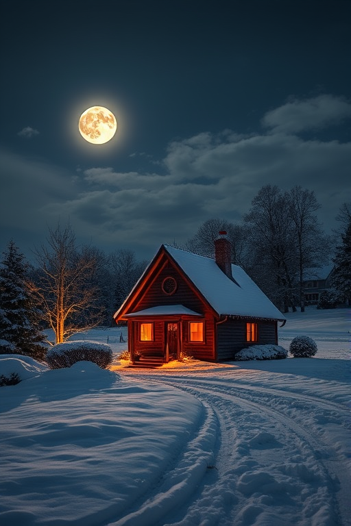 Capture a cozy winter scene featuring a charming cottage in a snowy landscape under a night sky with a full moon, using a DSLR camera with a 35mm lens at f/8, ISO 200, shutter speed 1/60s, in HDR style for enhanced detail and vibrant colors.