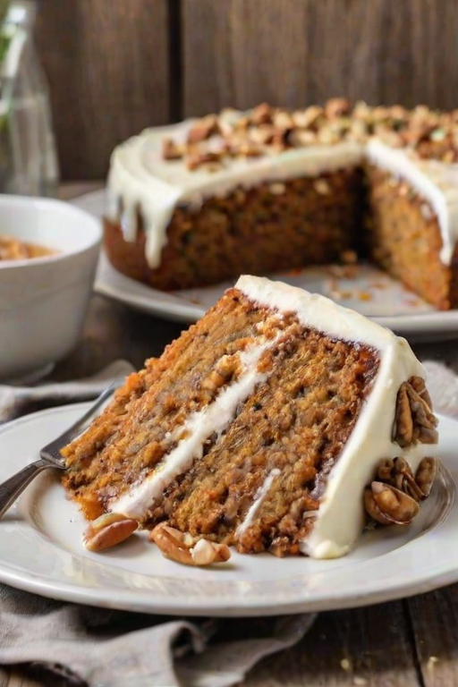 Generate an image of a slice of carrot cake on a decorative white plate. The cake should have layers filled with cream cheese frosting and be topped with chopped nuts. Include a fork beside the plate and ensure the background has a rustic, neutral texture.
