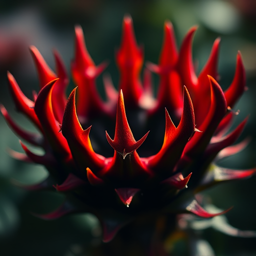 Create a digital illustration of a thorny crown with vibrant red and dark shadows, highly detailed, symmetrical composition, taken with a Canon EOS R5 at f/1.4, 50mm lens, under soft diffused lighting, with a shallow depth of field for a dramatic focus effect.