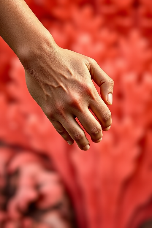 Create an image of two hands clasping each other against a solid coral background, shot with a DSLR camera using a 50mm lens, aperture set to f/2.8 for a shallow depth of field, with soft natural lighting to enhance the warmth of the skin tones.
