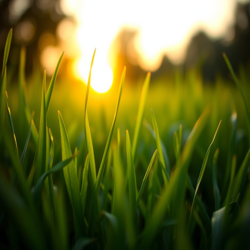 Create a detailed illustration of lush green grass at sunset, using a shallow depth of field, focus on the blades with a bokeh background, captured with a DSLR camera at f/2.8, 50mm lens, ISO 100, and a low angle view to highlight the texture and vibrant color of the grass.
