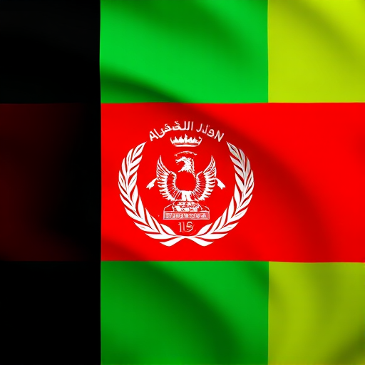 Create a high-resolution image of the Afghanistan flag featuring three vertical stripes in black, red, and green with the national emblem in the center, captured with a DSLR camera, using a 50mm lens, aperture f/2.8, ISO 100, at a 45-degree angle for depth, and vibrant colors.