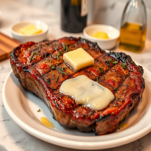 Create an image of a perfectly seared ribeye steak, resting on a white plate with a pat of melting butter on top. The steak is seasoned with fresh herbs like thyme and parsley, with glistening juices highlighting the texture of the meat. The background features a soft focus on a light, marble countertop, with a small dish of butter and an olive oil bottle in the distance. The overall mood should be warm and inviting, capturing the deliciousness and juiciness of the steak.