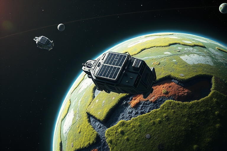 Generate a high-resolution image of a spacecraft with solar panels orbiting a vibrant, moss-covered alien planet, using a wide-angle lens, f/8 aperture, ISO 100, 24mm focal length, and a dramatic lighting effect to enhance depth and detail in space.