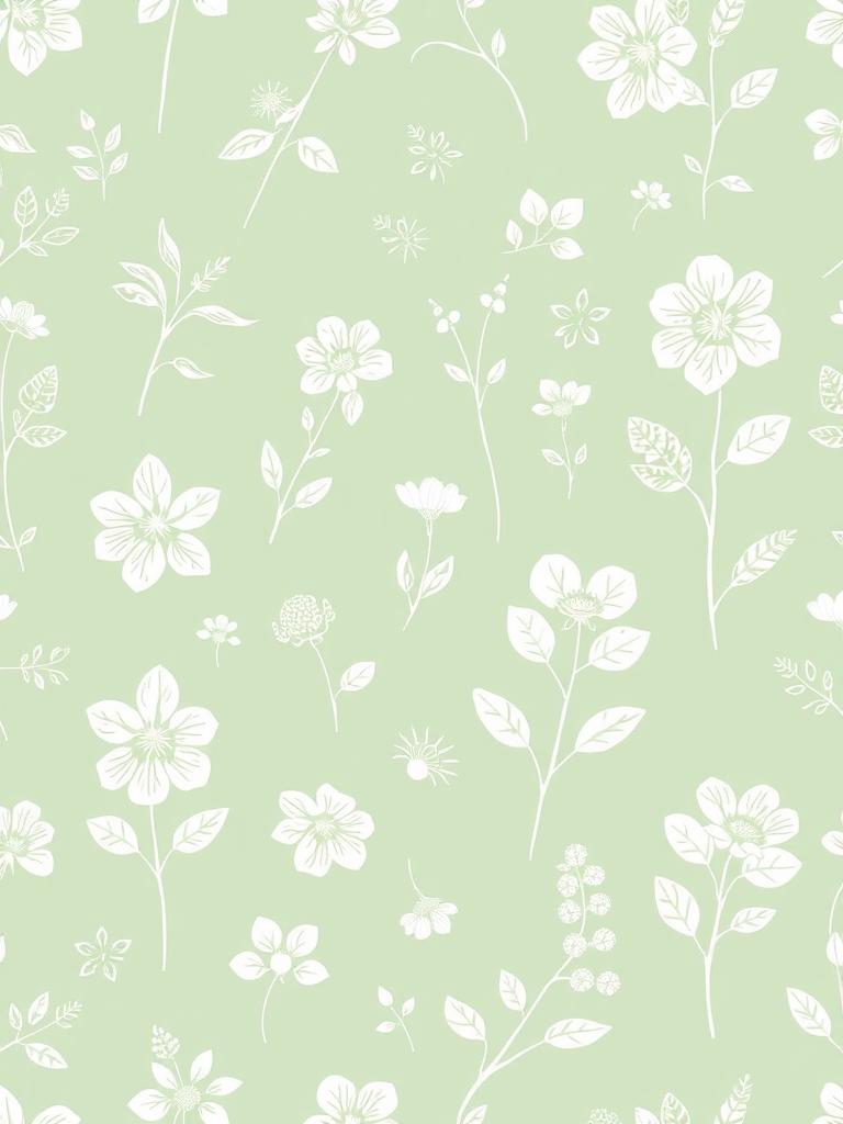 Generate a seamless pattern of white botanical illustrations on a soft mint green background, captured with a DSLR camera at f/4 aperture, 50mm lens, natural light, and top-down view for enhanced clarity and detail.