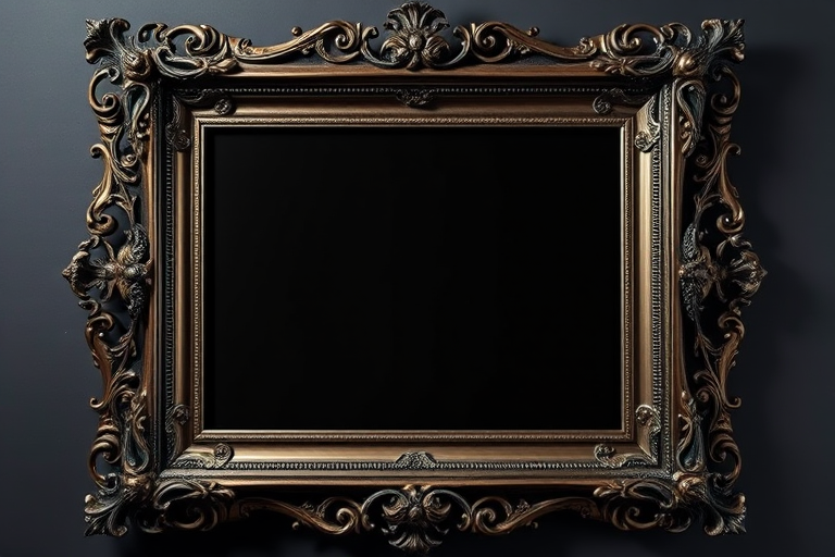 Capture a blank black canvas inside an ornate double frame with intricate detailing, shot using a DSLR camera with a 50mm lens at f/1.8, ISO 100, and a 1/60 second shutter speed, in a well-lit setting to enhance depth and texture.