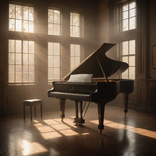 Softly lit image of a grand piano in a dimly lit room, soft sunlight streaming through tall windows, with dust particles dancing in the warm glow and the faint sound of distant music lingering in the air.