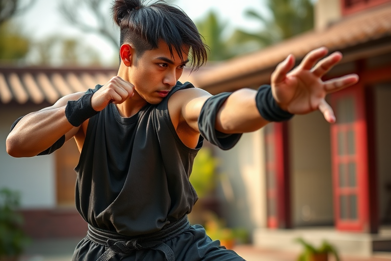 Create an action scene of a martial artist in a dynamic pose, captured with a DSLR camera at 50mm focal length, f/1.8 aperture, ISO 200, in natural light, with a shallow depth of field to enhance the background blur.