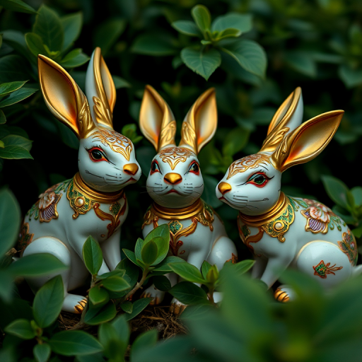 Three ornate ceramic rabbit figurines decorated with gold embellishments, placed amongst lush green foliage, captured with a Canon EOS R5, 50mm f/1.2 lens, aperture f/1.8, ISO 100, shot at dusk for soft lighting and vibrant colors.