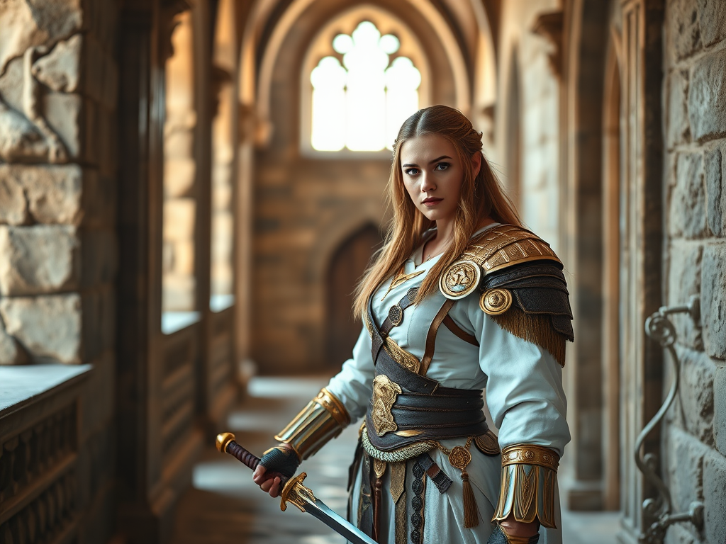 Generate an image of a warrior woman in an ornate stone corridor, wearing a detailed white and gold outfit with a sword, soft natural lighting from a window, shot with a Canon EOS R5, 50mm lens, f/1.8 aperture, ISO 100, using a shallow depth of field to enhance details.