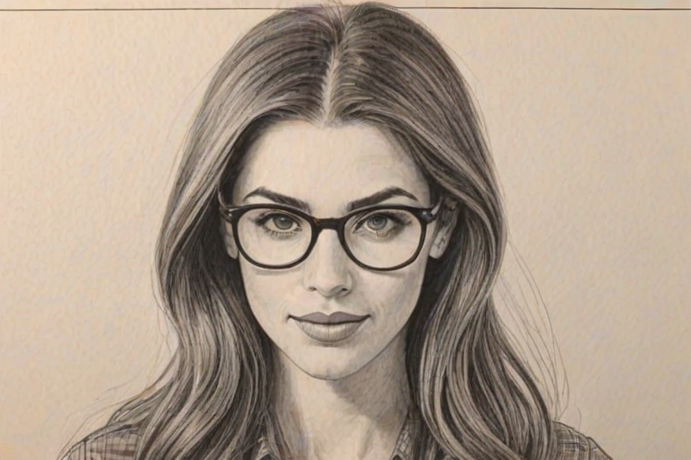 Resplendent Meghan Ory, pencil sketch, portrait of Splendid woman 1976s in glasses, hair style beatnik, outline, clear lines, fine lines, 8k