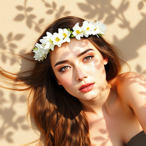 create a watercolor painting of an ethereal portrait of beautiful Turkmen woman with a simple white flower crown on her head. Her hair is long and she is lying on the ground. The sunlight on the trees casts shadows from the leaves on her face and body. The background is a neutral brown color that matches her skin tone. The image is minimalist and solid colors. This style is characterized by soft, delicate brushstrokes and a light, airy, contrasting color palette. High level of detail and play of light