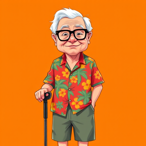 Create a cartoon-style illustration of an elderly man with glasses wearing a colorful Hawaiian shirt and shorts, holding a cane, set against a vibrant orange background, using a Canon EOS R5 with 50mm f/1.2 lens, aperture set to f/2.8, shutter speed 1/200s, ISO 100, side lighting for soft shadows.