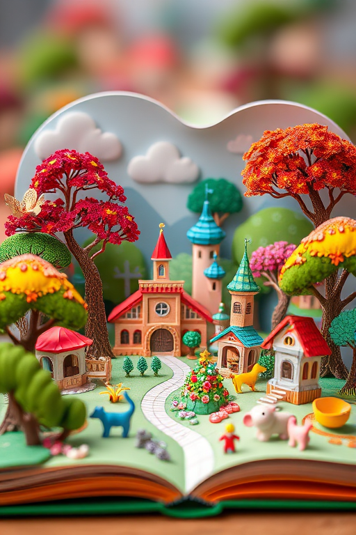 Create a highly detailed pop-up book scene featuring a vibrant fantasy landscape with colorful trees, whimsical architecture, and playful animals, captured with a DSLR camera at f/2.8, ISO 100, 50mm lens, with a shallow depth of field and soft bokeh background for enhanced image quality.