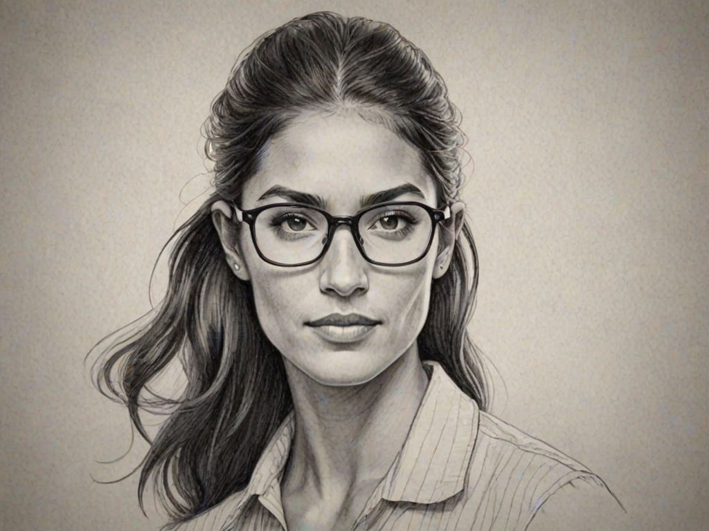 Superb Allison Stokke, pencil sketch, portrait of Ravishing woman 1952s in glasses, hair style beatnik, outline, clear lines, fine lines, 8k