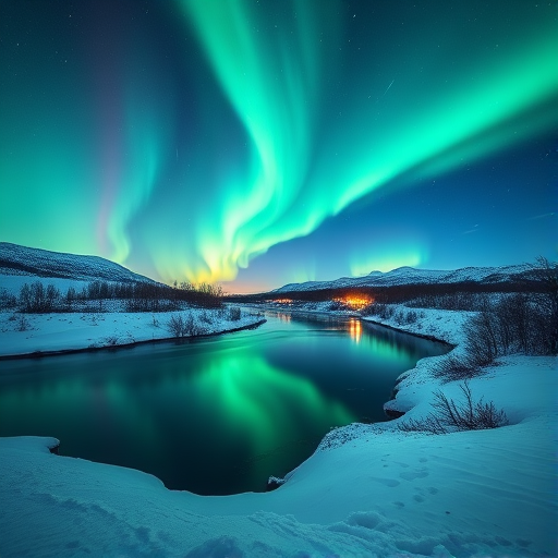 Capture a breathtaking scene of the northern lights over a snow-covered landscape with a calm river reflecting the vibrant greens and blues of the aurora, using a Canon EOS R5 at ISO 800, f/2.8, 15 seconds exposure, with a wide-angle lens, set at a 16mm focal length and positioned at eye level to enhance the clarity and depth of the image.