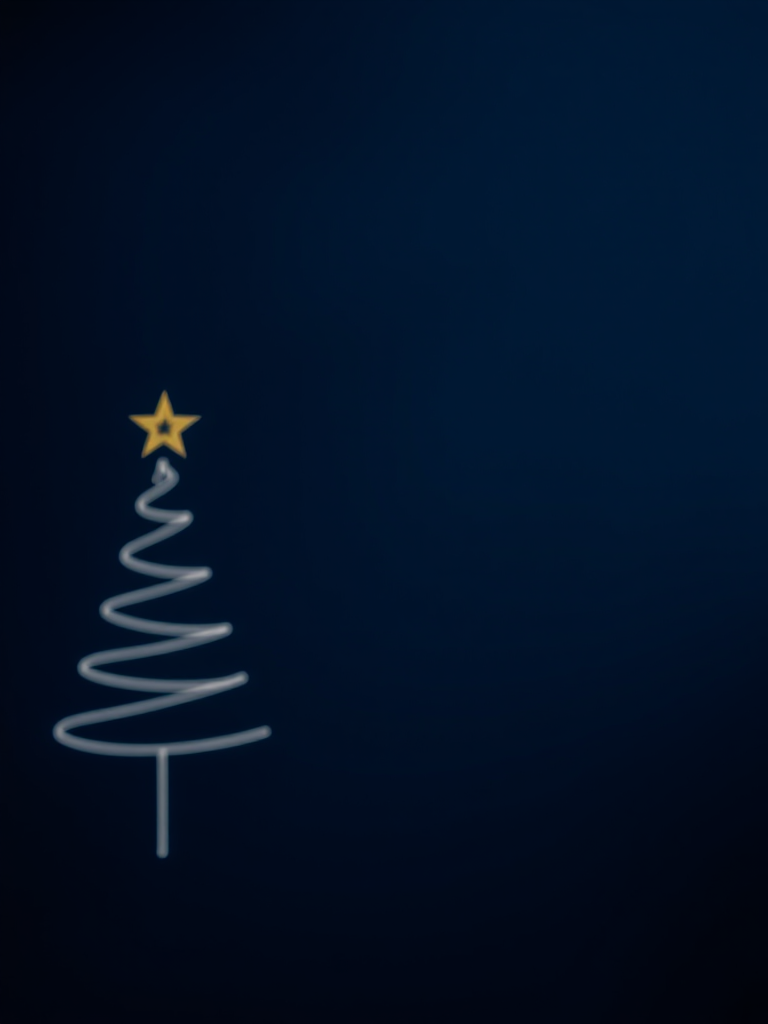 Create a minimalist illustration of two stylized Christmas trees with star toppers on a dark blue background, with a shallow depth of field, shot using a DSLR camera at f/4, ISO 100, 50mm lens, in a soft focus style for a dreamy effect.