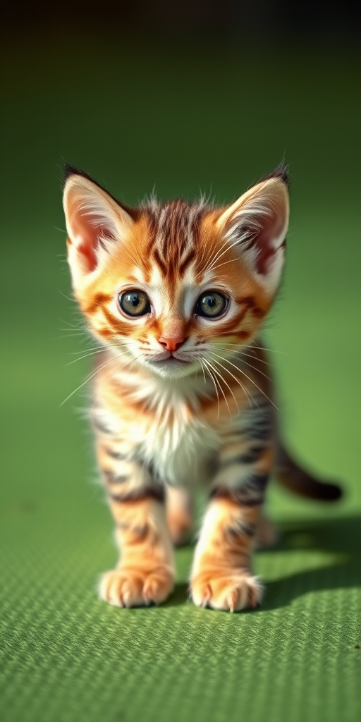Regenerate a cute kitten standing on a green textured surface with detailed fur and expressive eyes, using a DSLR camera with a 50mm lens, aperture f/2.8, shutter speed 1/200s, ISO 100, natural lighting, and a shallow depth of field.