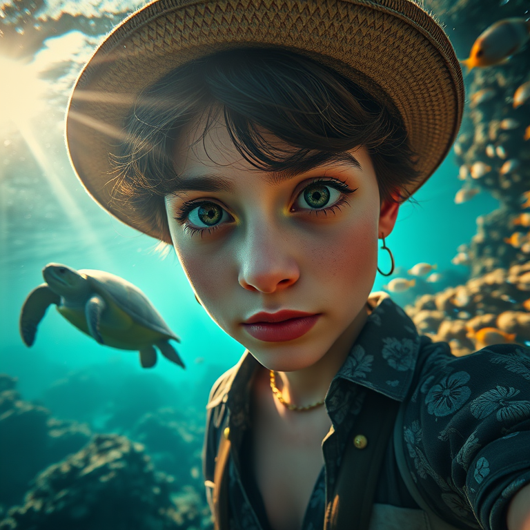 Realistic selfie image of a Chaldean, wearing a vintage outfit, detailed dreamy eyes, droopy hooded eyes, staring at the camera, taken underwater at coral reef with a sunbeam filtering through the water, vibrant, summer vacation, natural lighting, turtle and school of tropical fish with vibrant colors, rendered in the style of CryEngine, Pegi Nicol MacLeod, with realistic genre scenes, hauntingly beautiful narratives, ultra-realism, and Thomas Saliot's close-up technique, 8K resolution, crystal clear and sparkling water.
