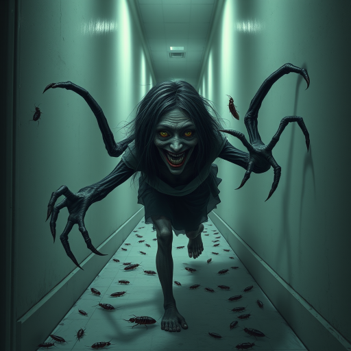 a crooked woman with long arms and a creepy smile is crawling along a long white corridor and you can also see cockroaches in it there is a creepy atmosphere creepy art style