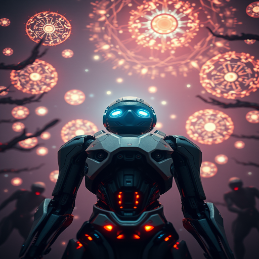 Generate a highly detailed sci-fi scene featuring a futuristic robot surrounded by glowing, intricate energy orbs and ethereal creatures, using a Canon EOS R5 with a 50mm f/1.2 lens, ISO 100, aperture f/1.2, and a 1/125s shutter speed, shot in a dramatic low-angle perspective to enhance depth and presence, with high dynamic range and vivid colors for added realism.