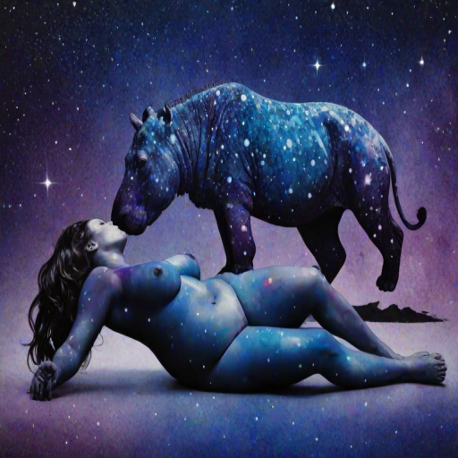 Captivating conceptual render alcohol ink art, double exposure, the paint strokes artfully merge combining a woman's full silhouette with a Lounging hippo's silhouette. The figures are composed of a series of colored dots, lines & spots that evoke the image of a cosmic galaxy, colors are deep shades of blue purple & black with flashes of white & silver representing distant stars. The woman's silhouette is formed within the lion's silhouette from constellations of scattered stars, surreal