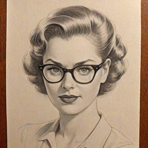 Lovely Charley Koontz, pencil sketch, portrait of Captivating woman 1939s in glasses, hair style beatnik, outline, clear lines, fine lines, 8k