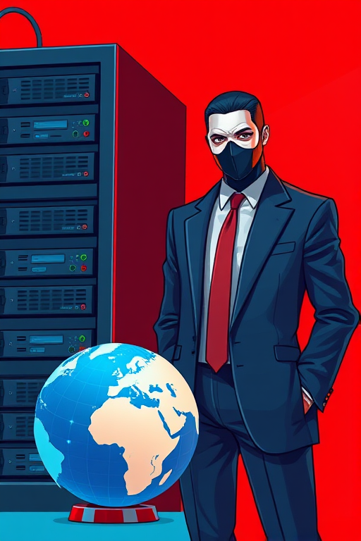 Create a digital illustration depicting a masked figure in a suit next to a server stack and a globe with network connections, set against a vibrant red background, captured with a high-resolution digital camera at 50mm, f/1.8 aperture, ISO 100, in a well-lit studio environment for enhanced clarity and vivid colors.