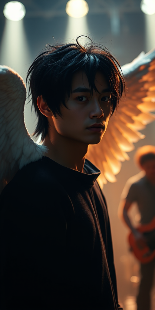 Create an image of a male character with black hair and angel wings, surrounded by silhouettes of a rock band in a dramatic lighting setup, using a Canon EOS R5, 85mm f/1.4 lens, aperture at f/2.8, ISO 100, and a shallow depth of field to enhance details and colors.
